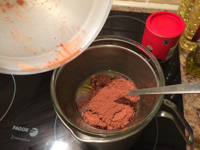 Stirring in the cocoa powder